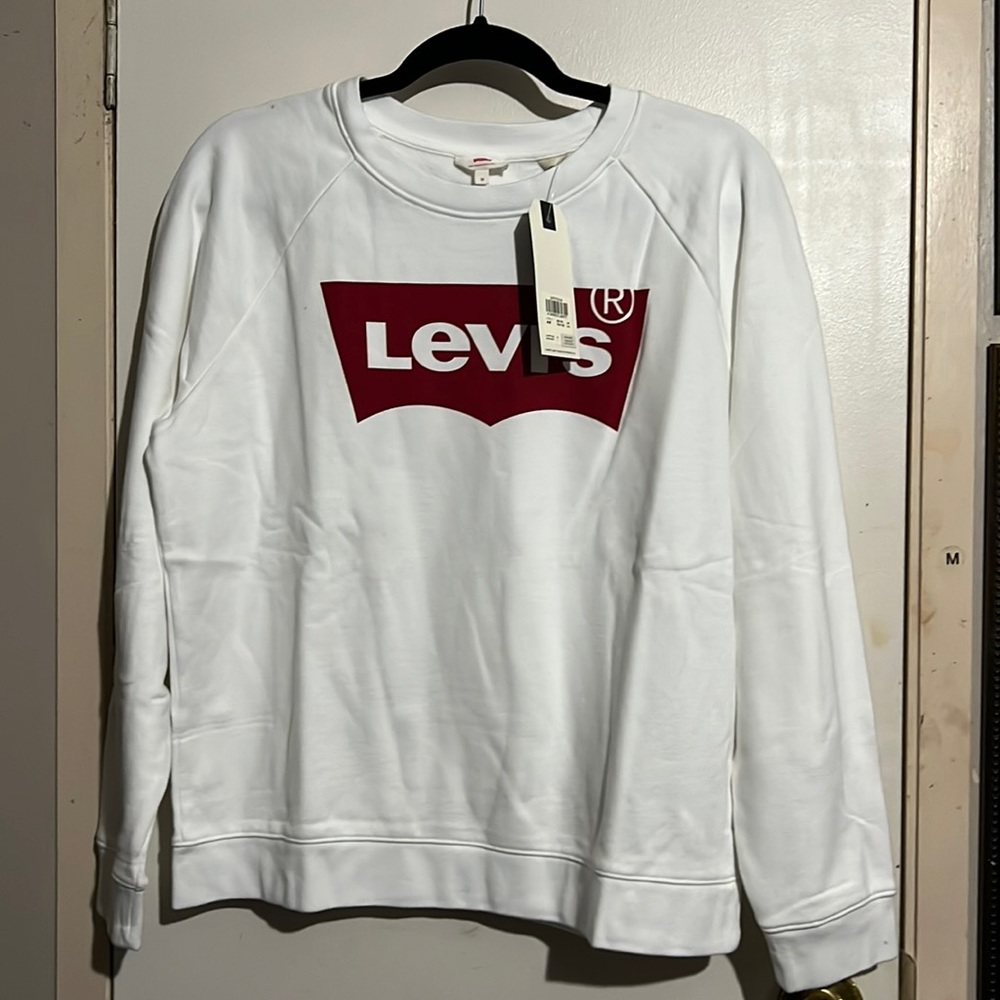 Levi's Crewneck Sweatshirt Logo Fleece Pullover Sweater Size Medium White NEW